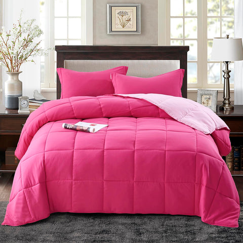 HIG pink comforter full-size set reverse side close-up with two-tone texture.