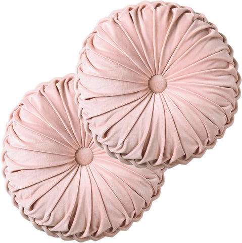 HIG pink ruched velvet round pillow close up for luxe decor