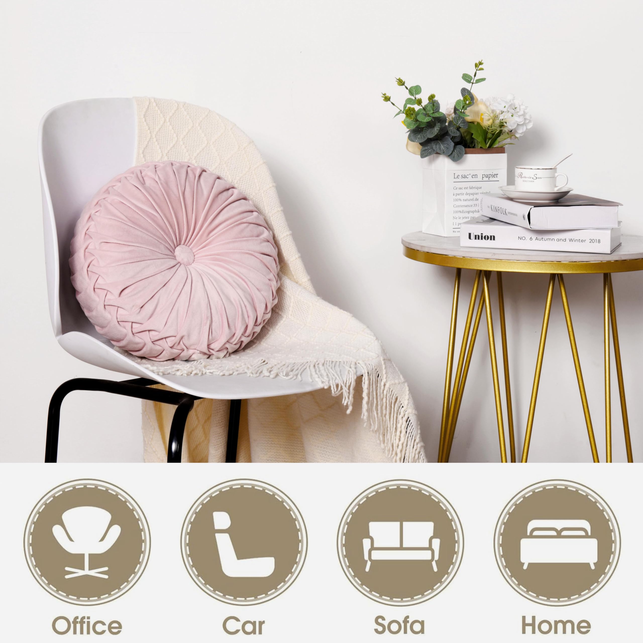 HIG pink ruched velvet round pillow on sofa adds stylish comfort