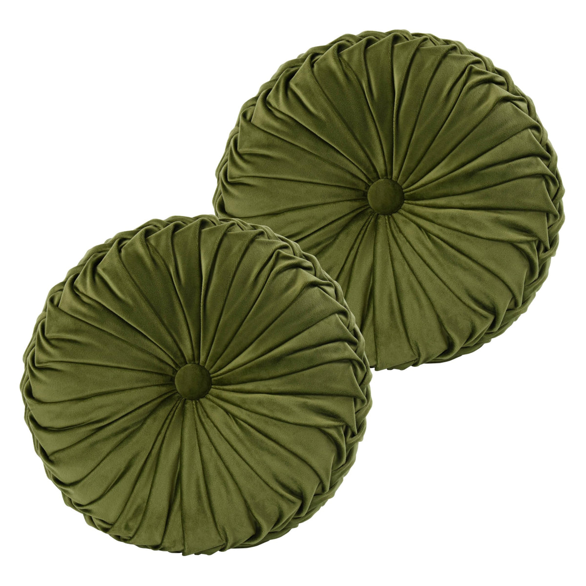 HIG round pleated pillow olive with center button for refined living room decor.