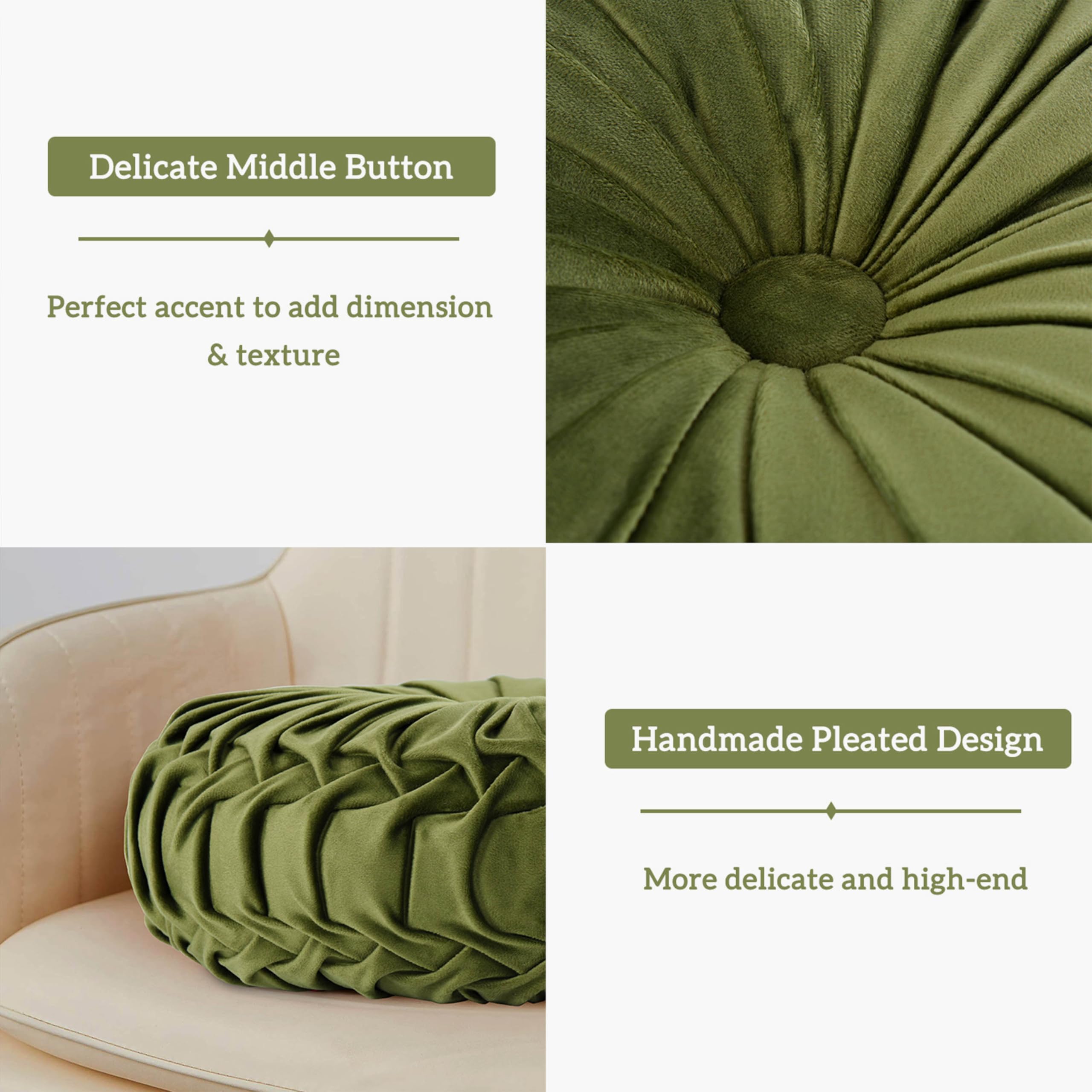 HIG two-pack round pillows olive ready to elevate sofa or bed.