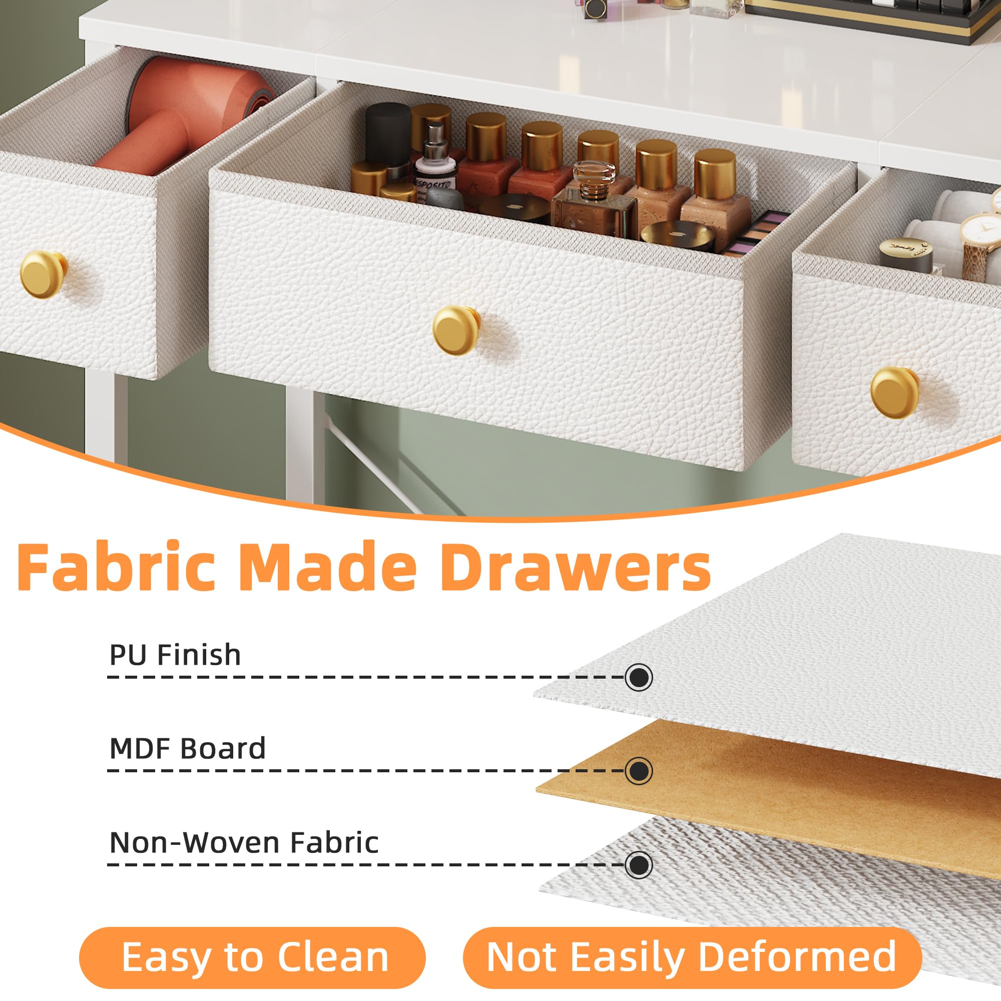HIGDBFE vanity desk with fabric drawers stores makeup and skincare neatly.
