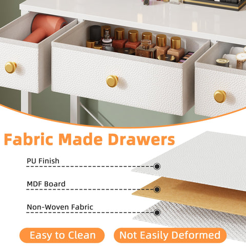 HIGDBFE vanity desk with fabric drawers stores makeup and skincare neatly.