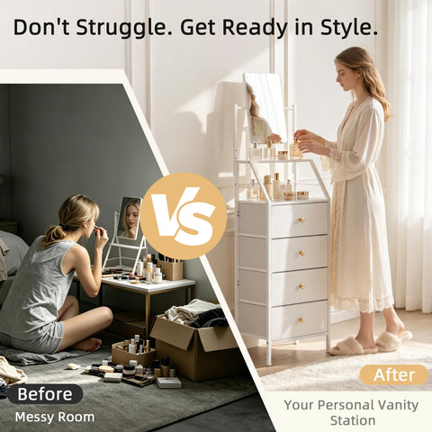 HIGDBFE dresser open shelves hold perfumes and skincare within easy reach.