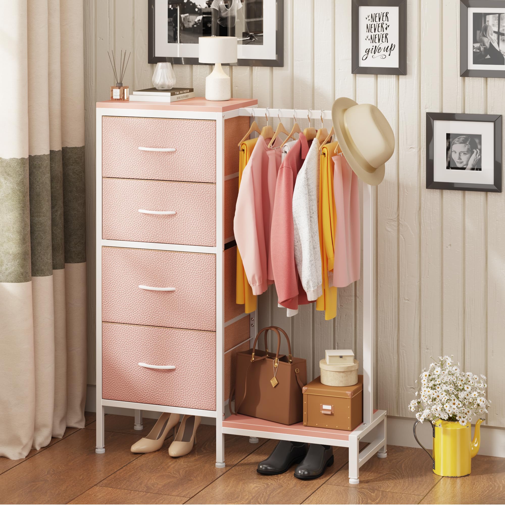 HIGDBFE dresser with hanging rack drawer open displaying large capacity storage