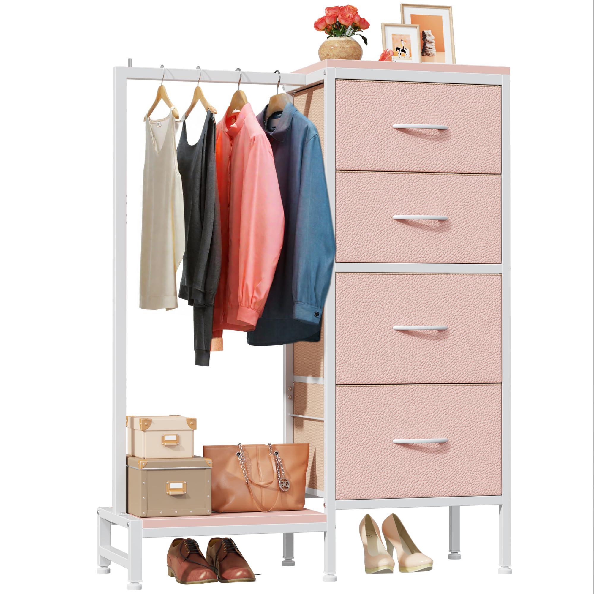 HIGDBFE dresser with hanging rack front view showing organized closet space