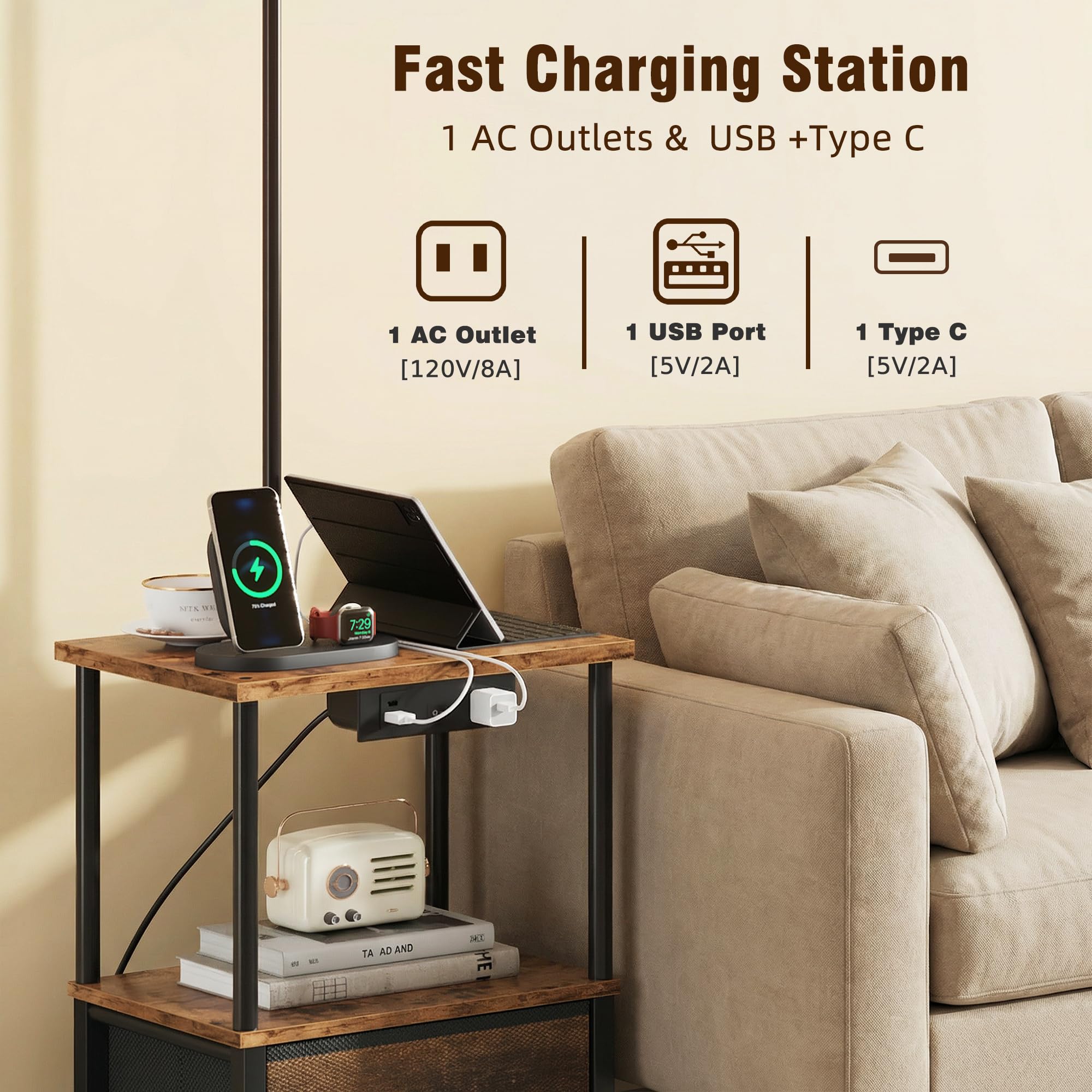 HIGDBFE end table with built-in charging station keeps devices within reach