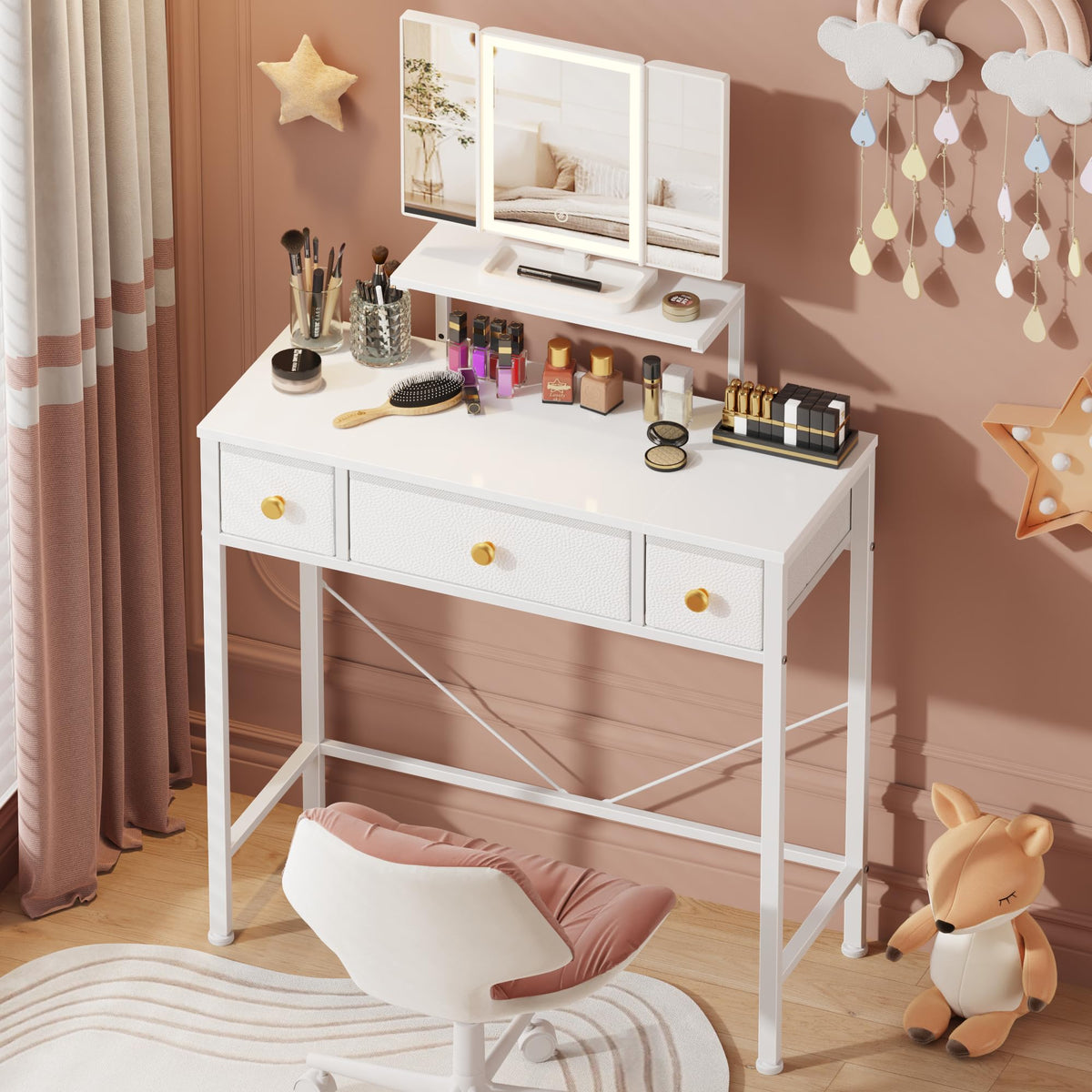 HIGDBFE vanity desk with mirror and lights for compact spaces.