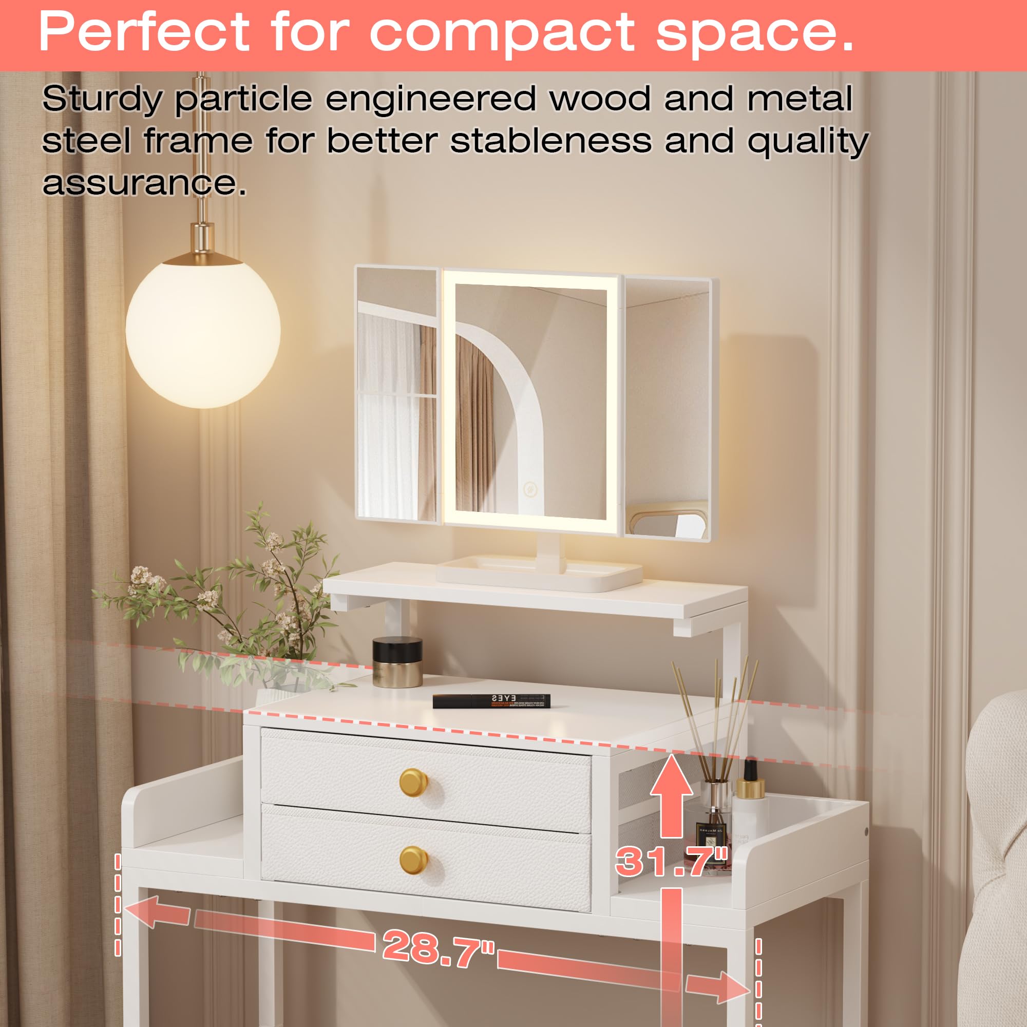 HIGDBFE vanity desk compact-28-4-w suits small rooms and tight spaces.