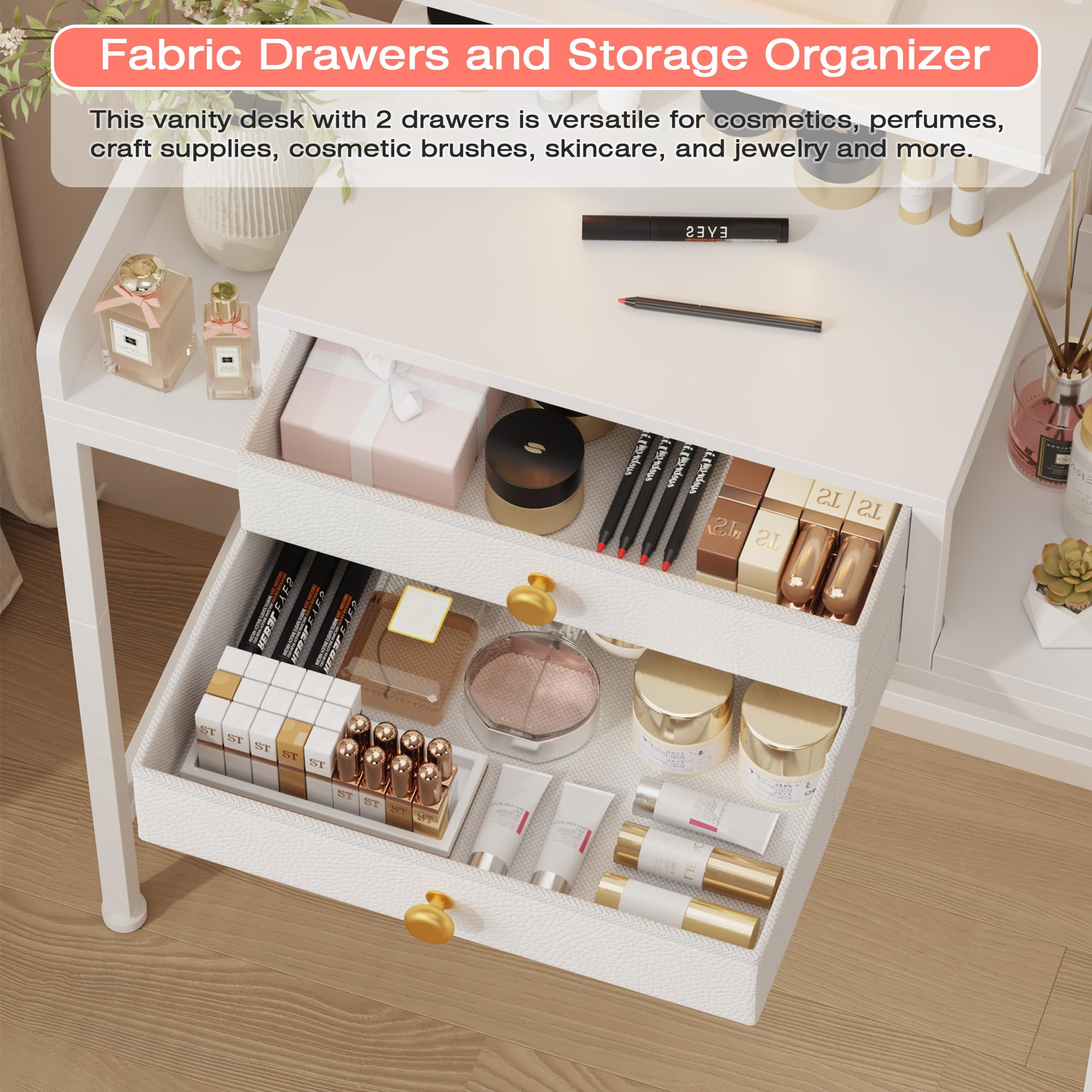 HIGDBFE vanity desk fabric drawers keep cosmetics organized and accessible.