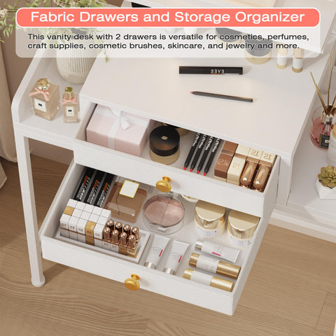 HIGDBFE vanity desk fabric drawers keep cosmetics organized and accessible.