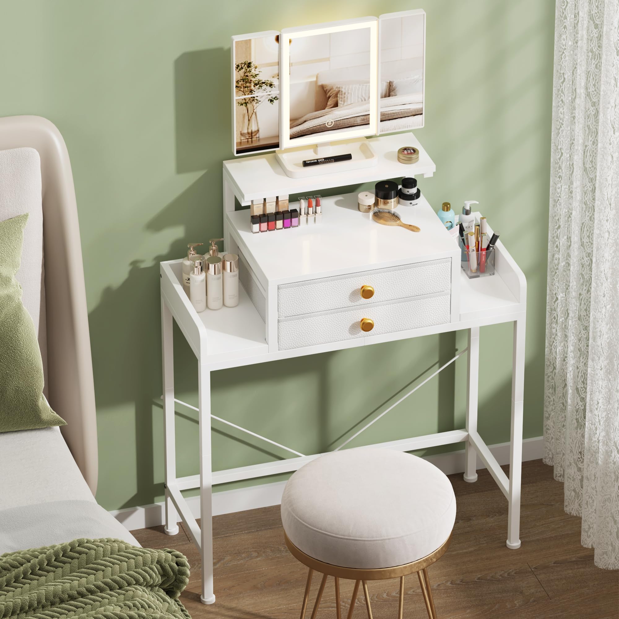 HIGDBFE vanity desk with mirror and lights for precise makeup application.