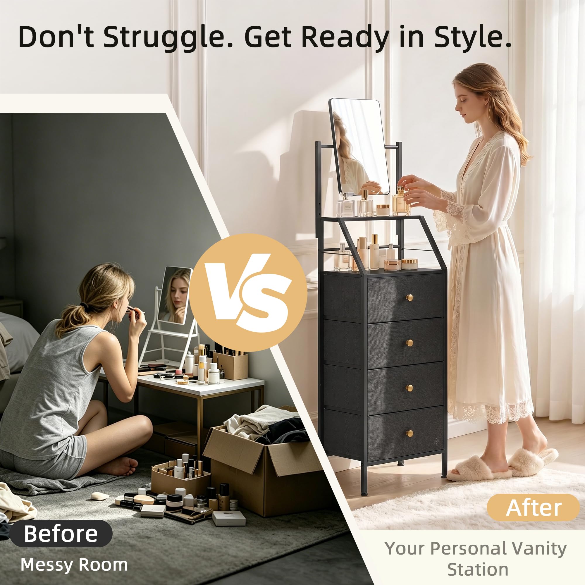 HIGDBFE vanity with adjustable mirror for grooming routines.