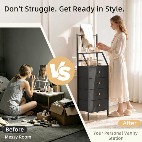 HIGDBFE vanity with adjustable mirror for grooming routines.