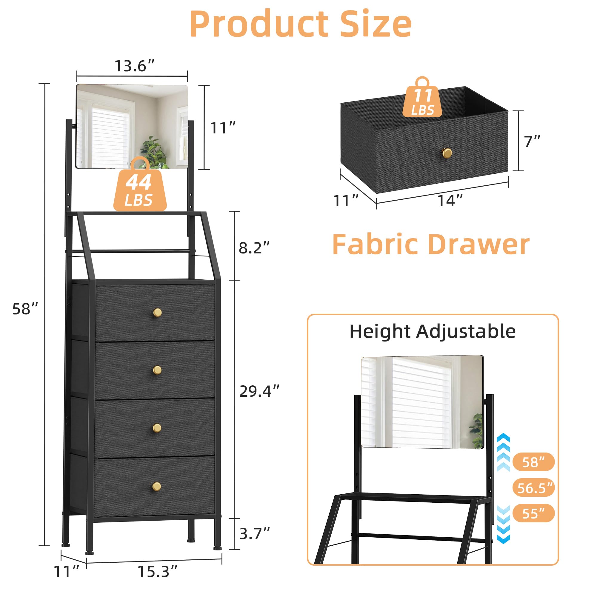 HIGDBFE vertical storage dresser doubles as vanity and storage hub.