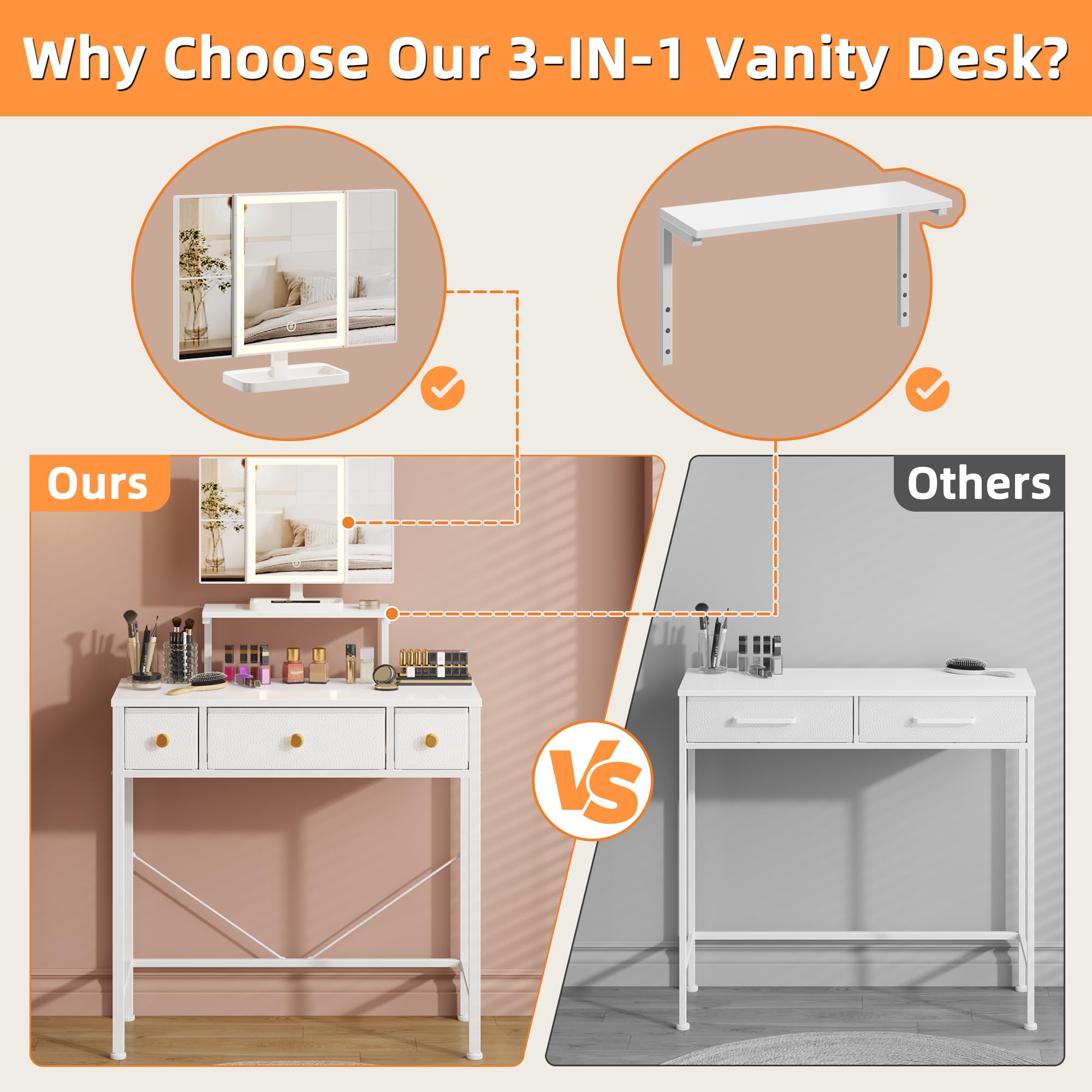 HIGDBFE white vanity desk complements any bedroom decor.