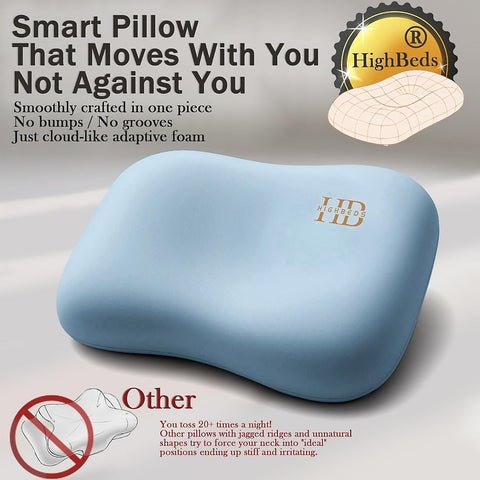 HighBeds cervical neck pillow demonstrates back-to-side transition for versatile comfort.
