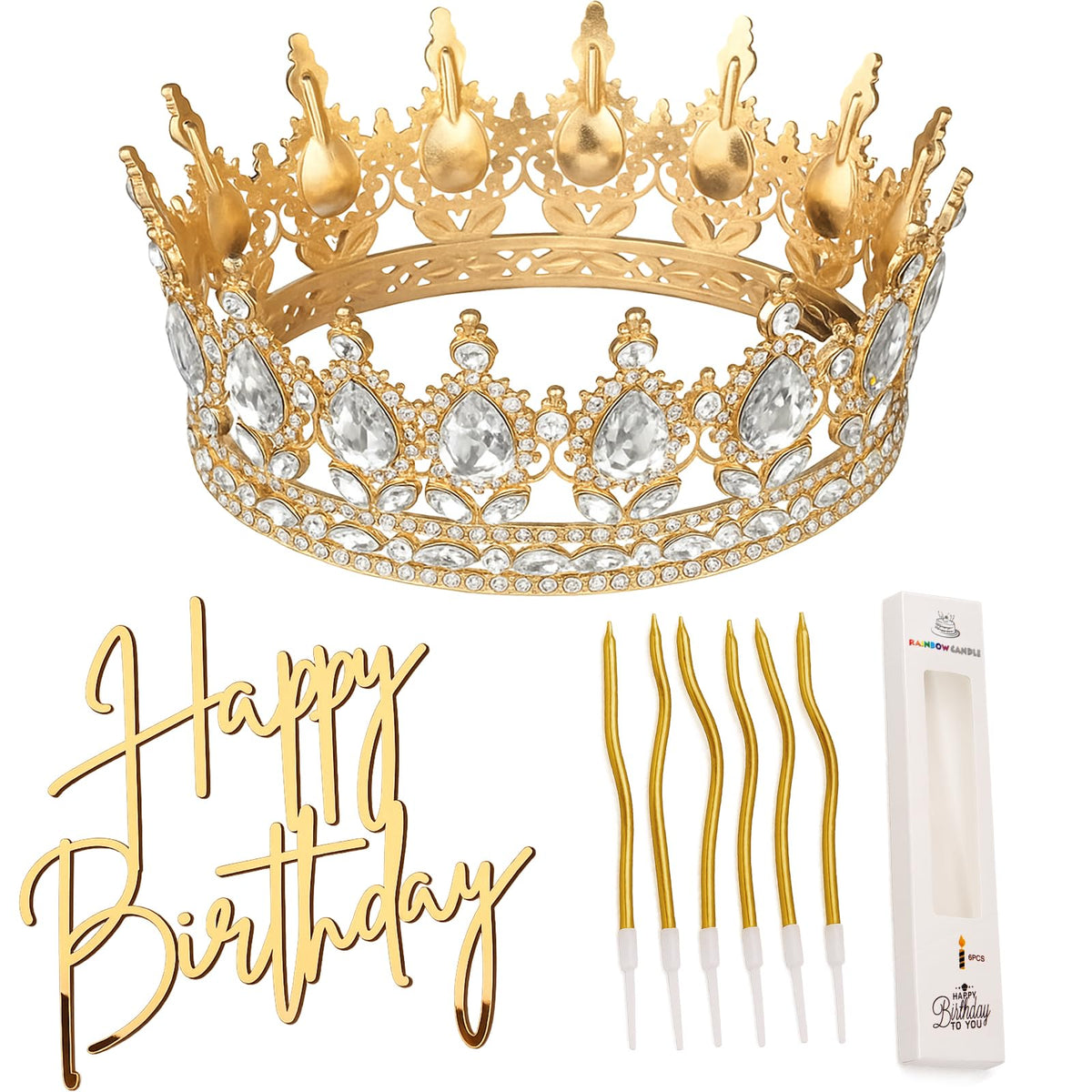 Highergo gold rhinestone cake crown topper adds regal sparkle to birthdays
