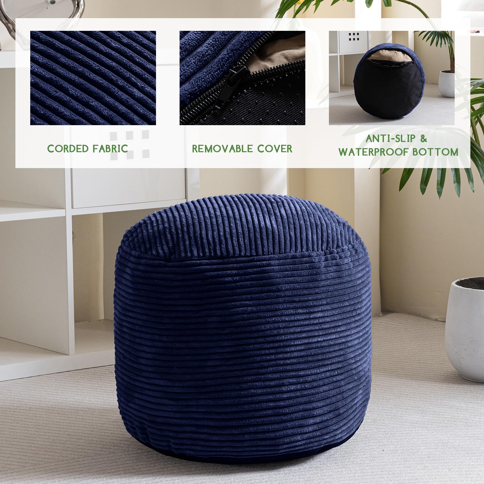 HIGOGOGO pouf bottom opening with dual zippers for easy refill.