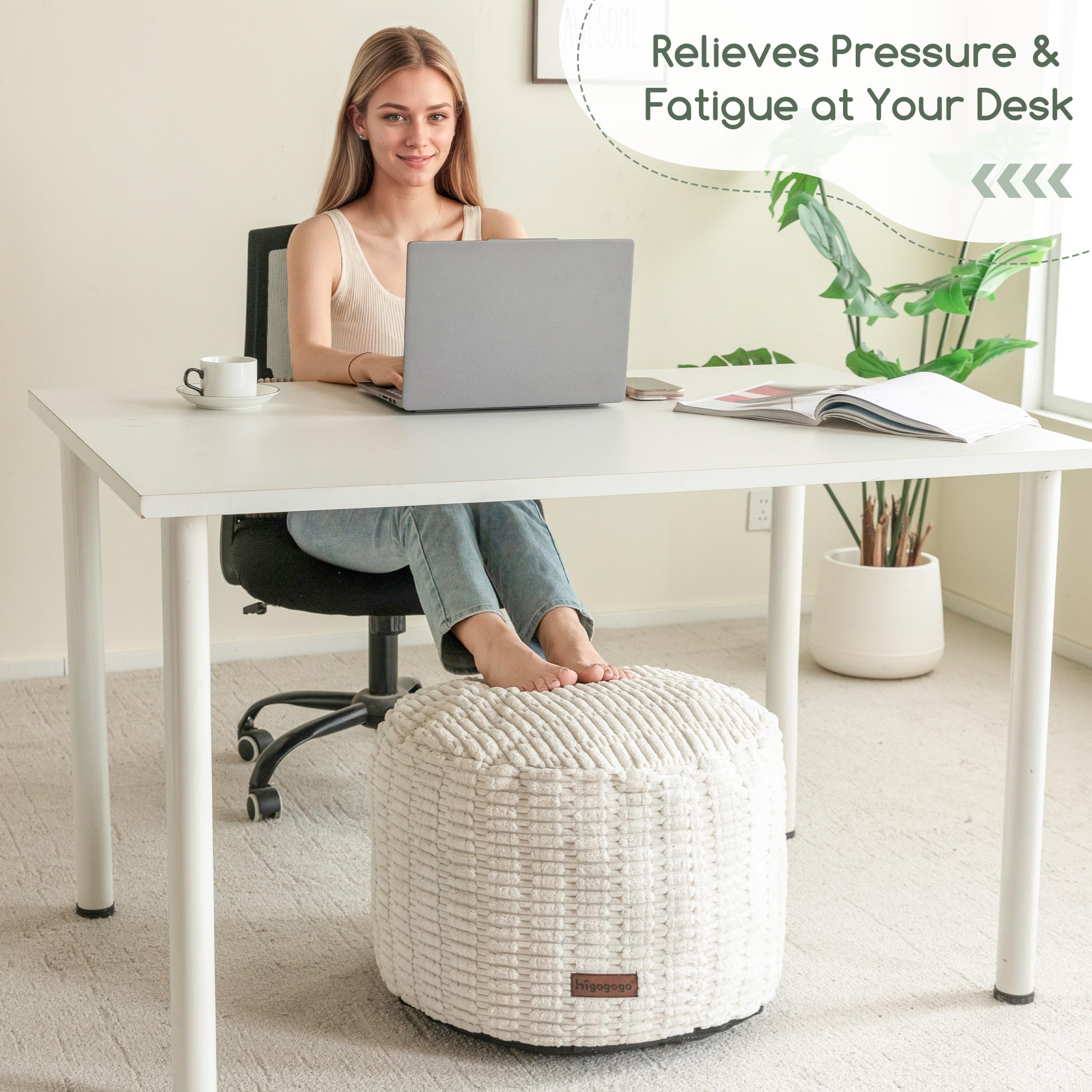 HIGOGOGO pouf ottoman beige top view emphasizes ample height for foot elevation