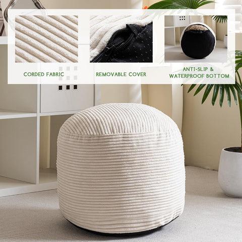 HIGOGOGO beige corduroy pouf placed beside sofa as extra seating