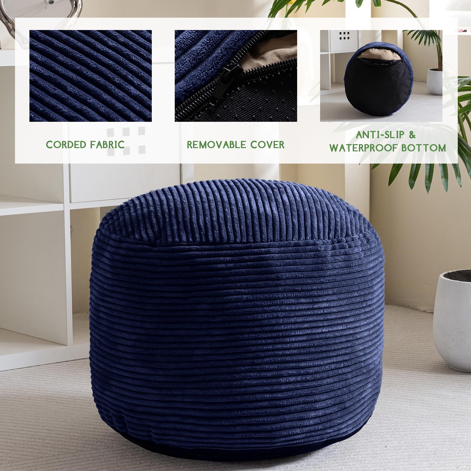 HIGOGOGO navy pouf open-bottom, accessible filling for adjustments.