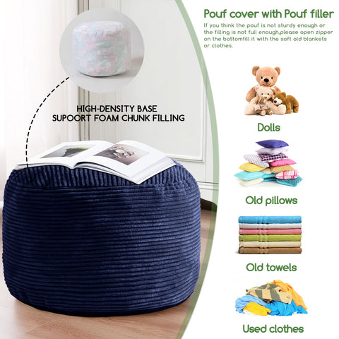 HIGOGOGO navy pouf used as foot rest beside the sofa.