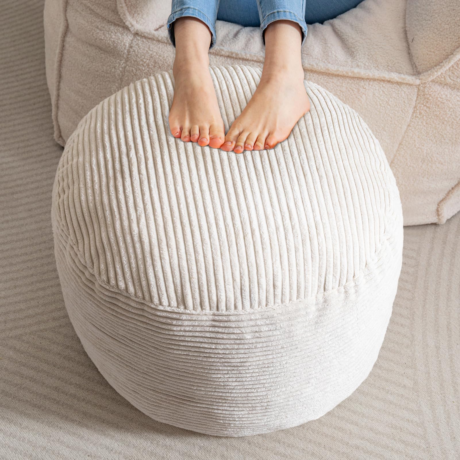 HIGOGOGO round pouf ottoman in beige corduroy for soft foot rest in the living room
