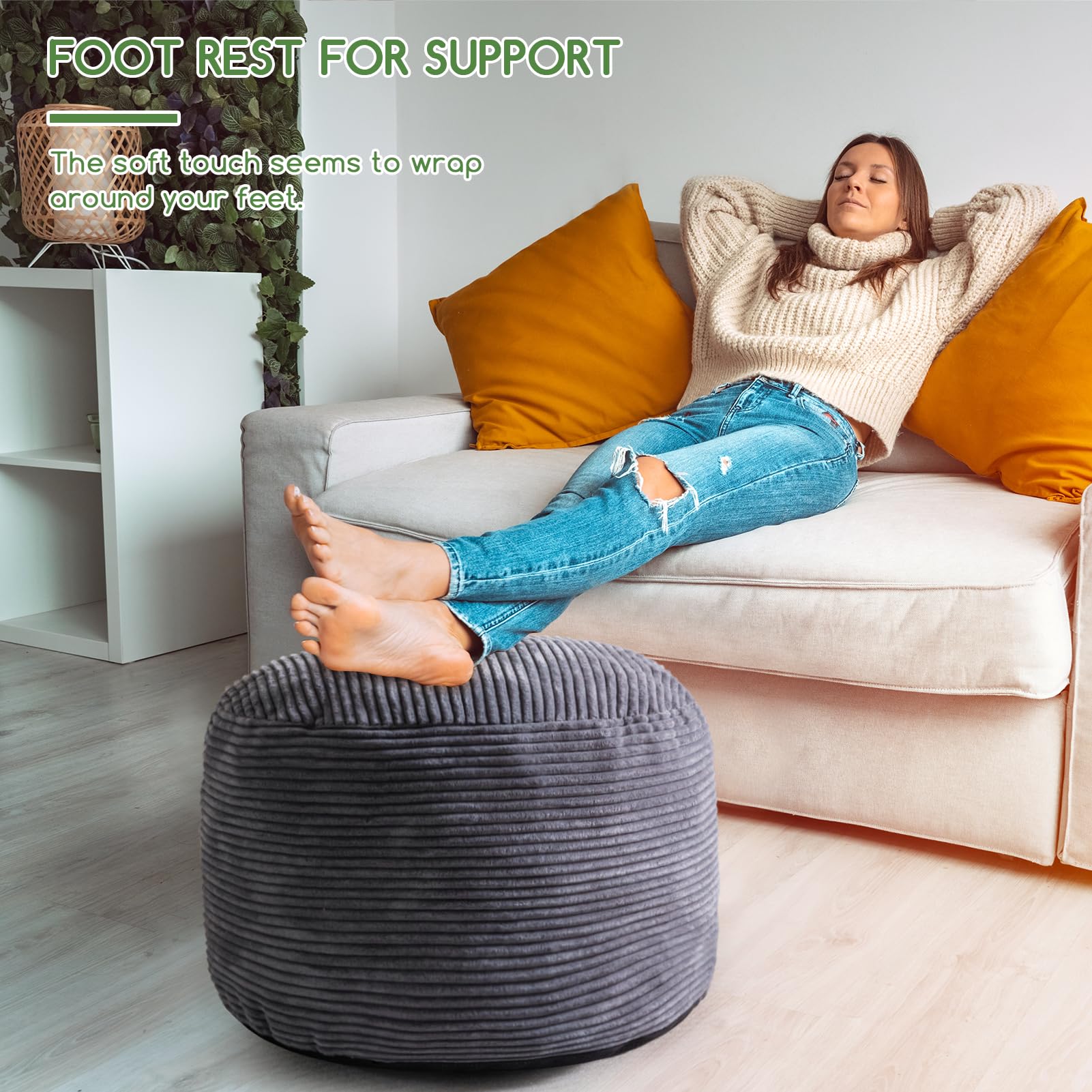 HIGOGOGO pouf functions as a foot rest or extra seat.
