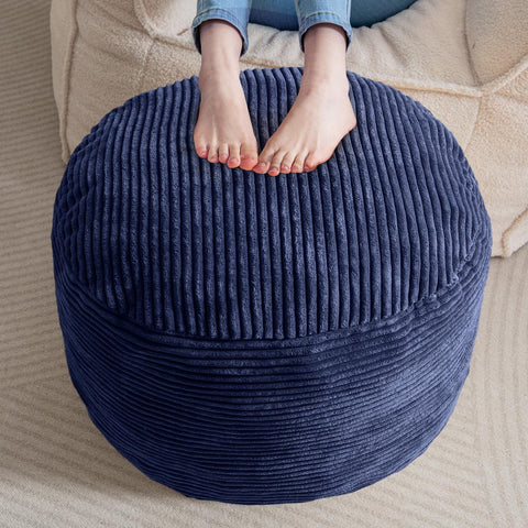 HIGOGOGO navy corduroy round pouf ottoman offers cozy seating.