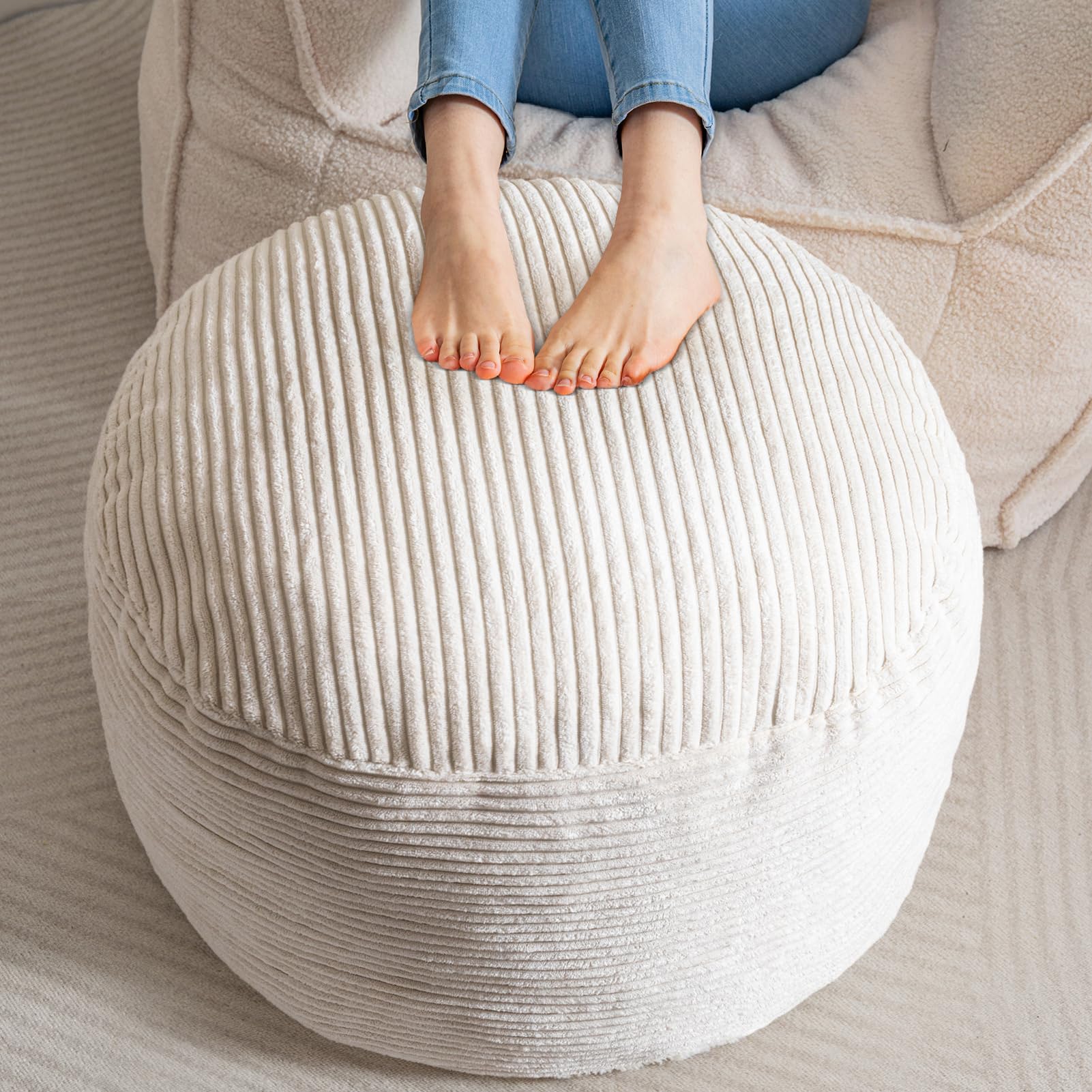 HIGOGOGO round stuffed pouf ottoman beige for versatile footrest and seating