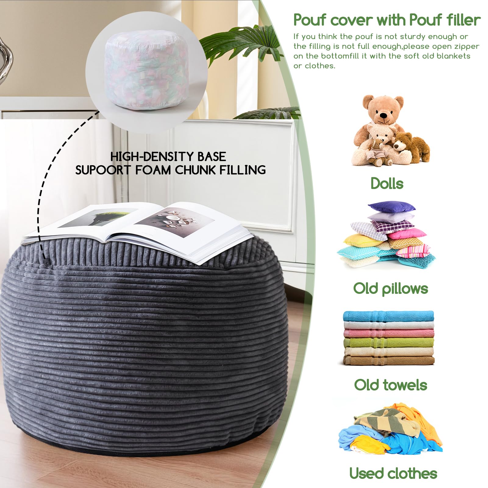 HIGOGOGO versatile pouf for seating or extra storage in living spaces.