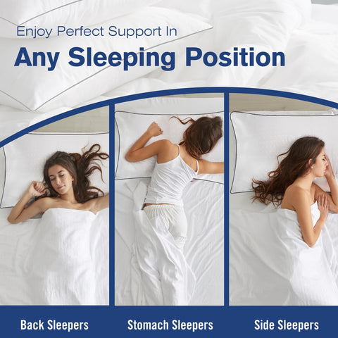 Higoom pillows suitable for stomach, back, and side sleepers in bed setup.
