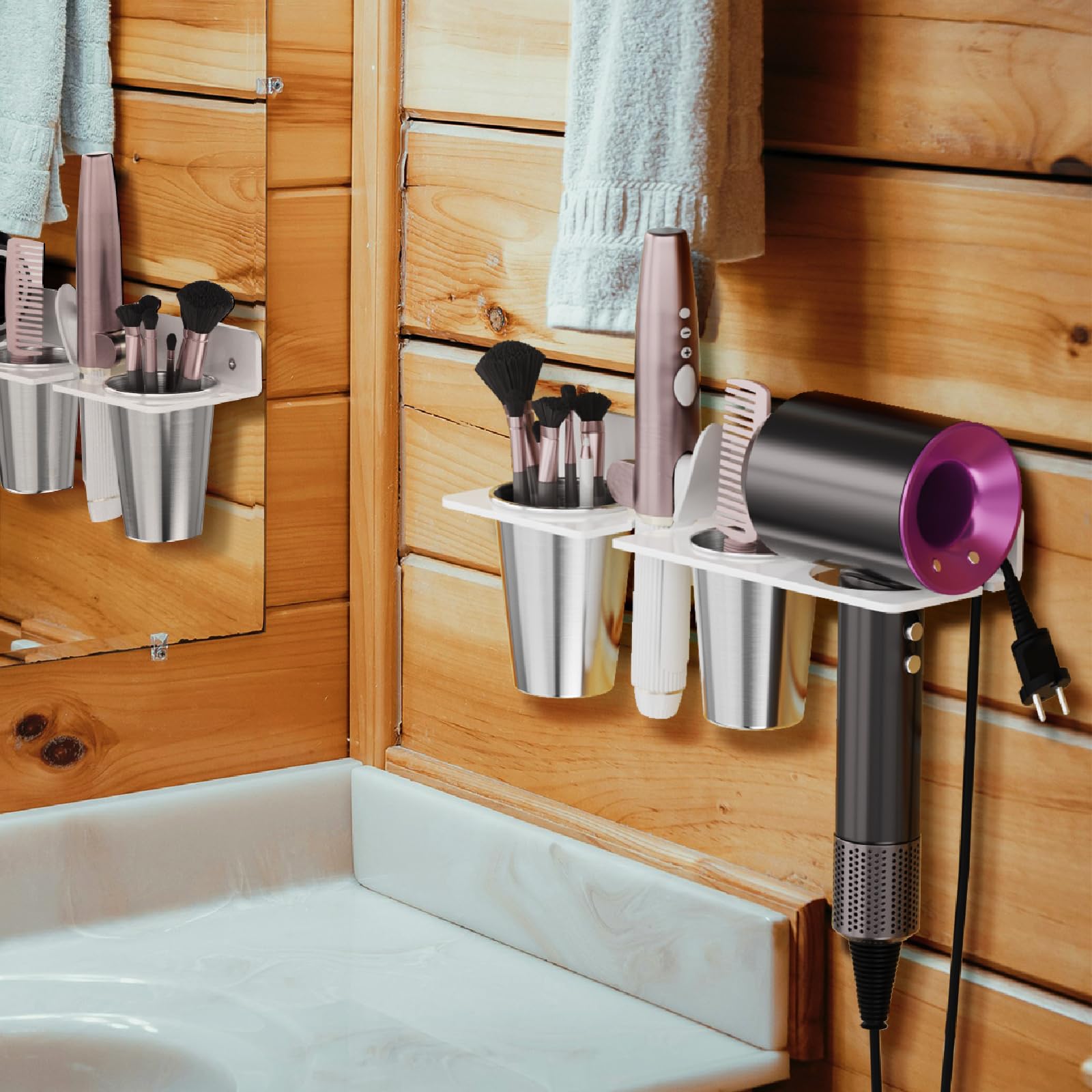 HIIMIEI bathroom storage keeps drying tools off the counter and organized.