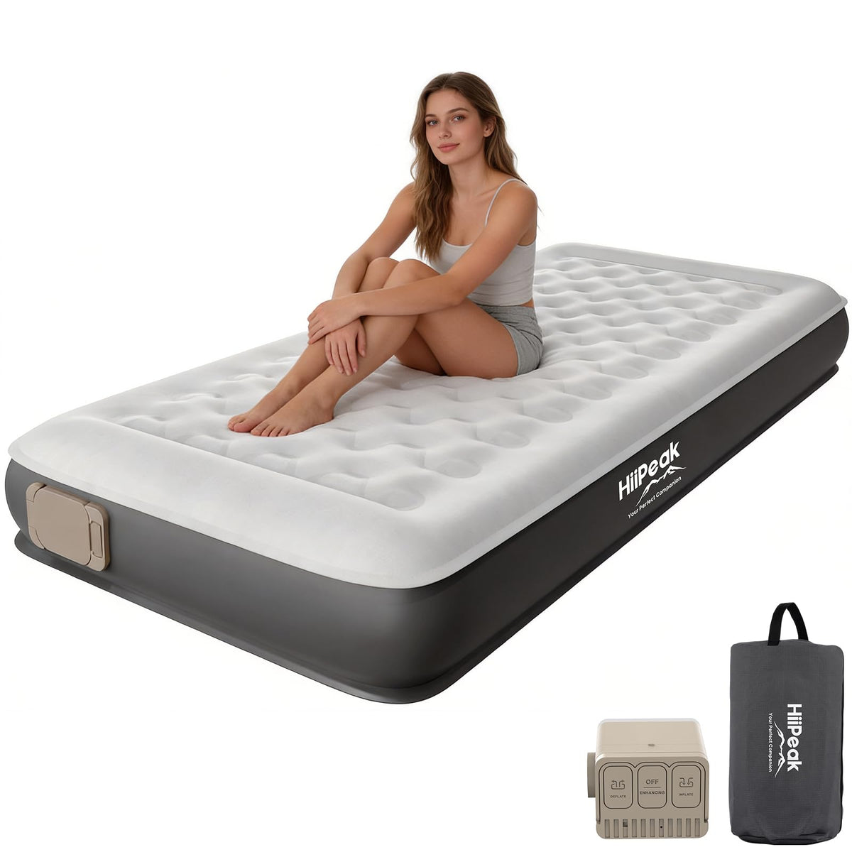 HiiPeak twin air mattress with removable pump ready for camping and guest stays.