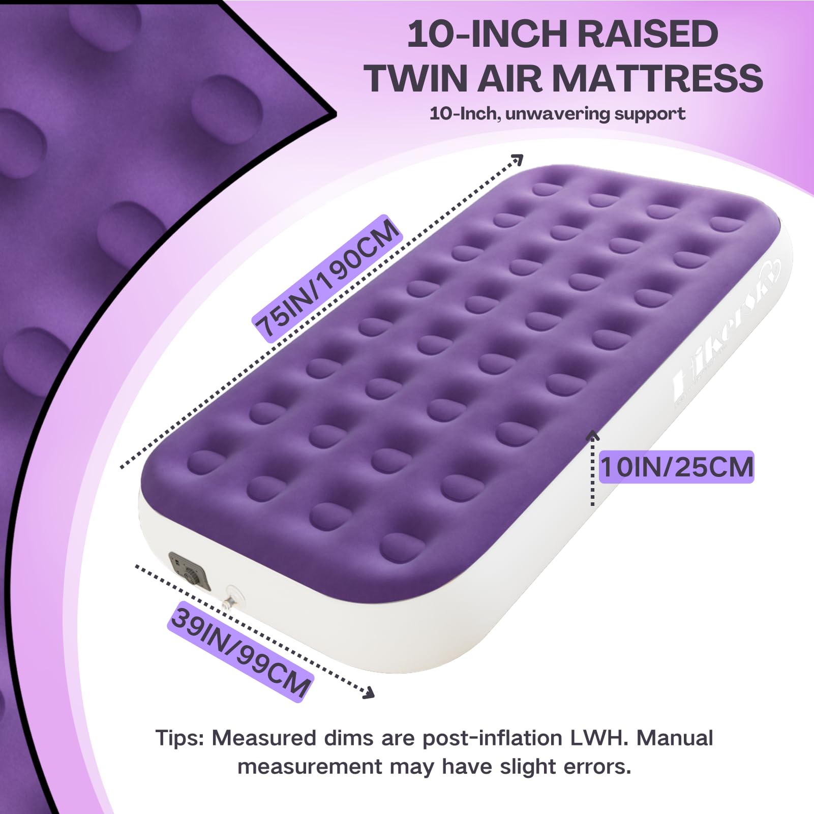 HikerSKY twin air mattress shows a 10-inch height for elevated comfort.