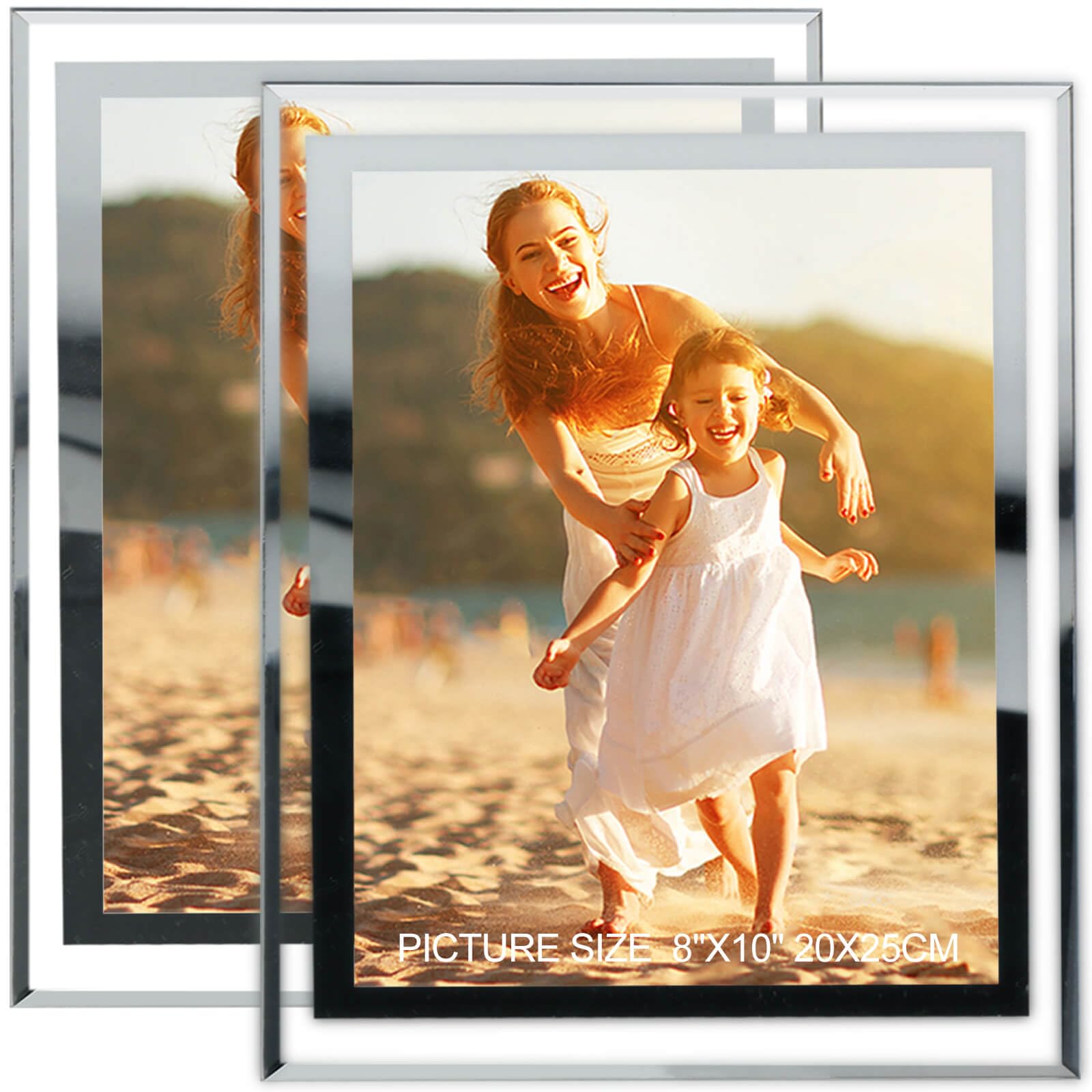 HIKWADERY 8x10 silver frame front view with mirrored edge for desktop display