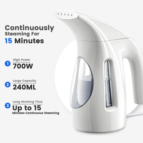 HiLIFE steamer 240ml tank enables up to 15 minutes of continuous steaming