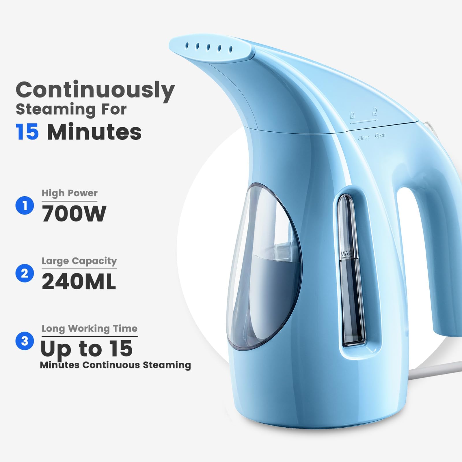 HiLIFE steamer shows 240ml tank capacity for longer wrinkle removal sessions.
