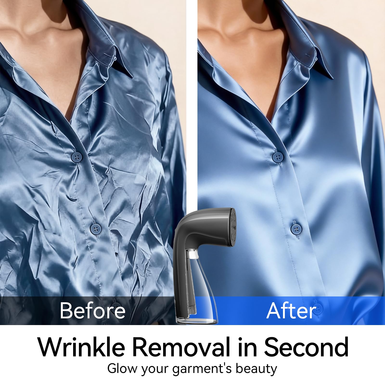 HiLIFE steamer, metal panel for focused wrinkle removal on fabrics.