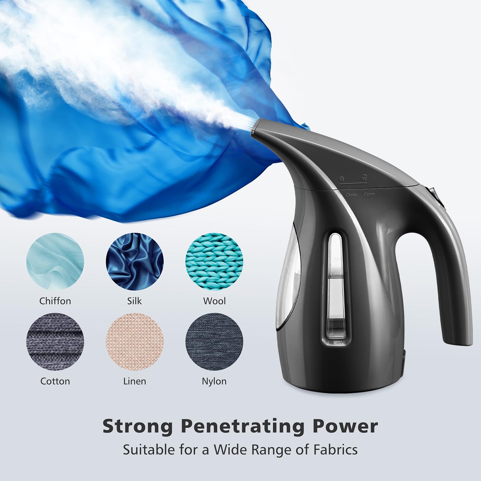 HiLIFE steamer nozzle and penetrating steam shown on fabric surface