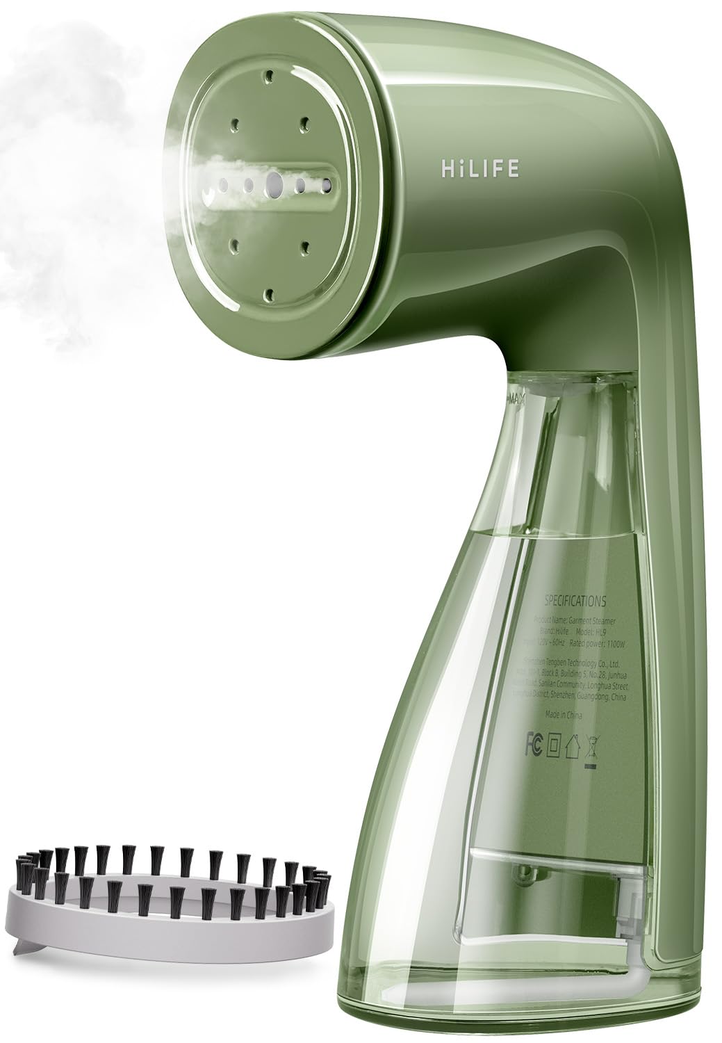 HiLIFE steamer olive-green handheld design for quick wrinkle removal at home.