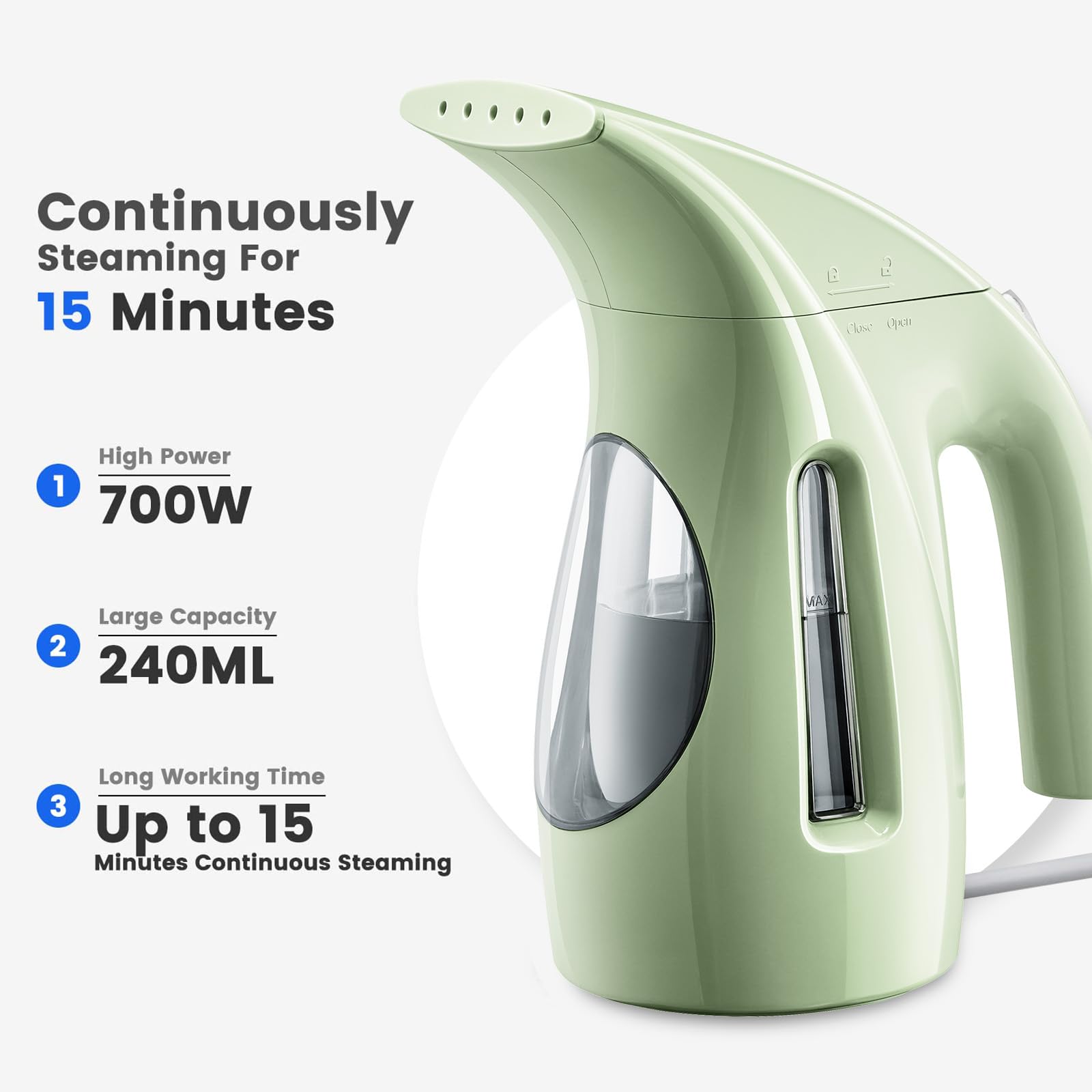 HiLIFE steamer side view highlights easy grip for comfortable operation.