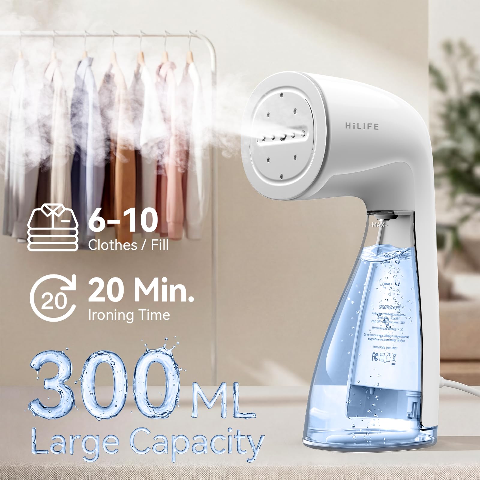 HiLIFE Upgraded Steamer 300ml water tank supports longer steam sessions