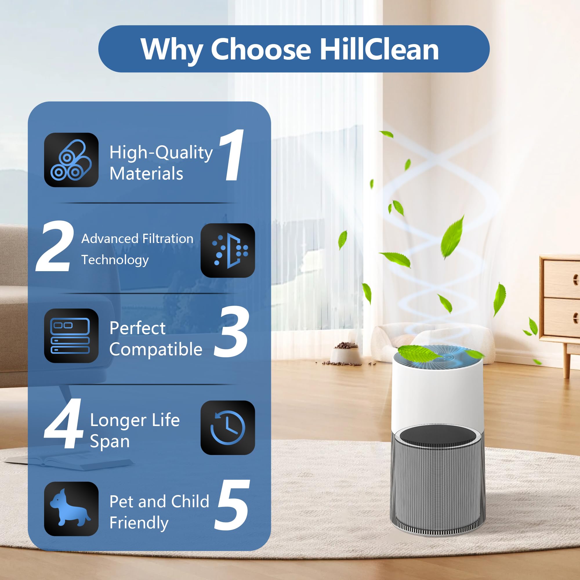 HillClean C610 air purifier shown in a room for potential air quality improvement.