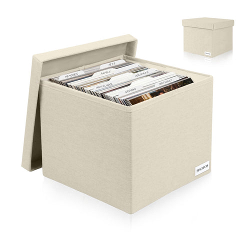 Himake decorative photo storage box beige with lid for organized memories.