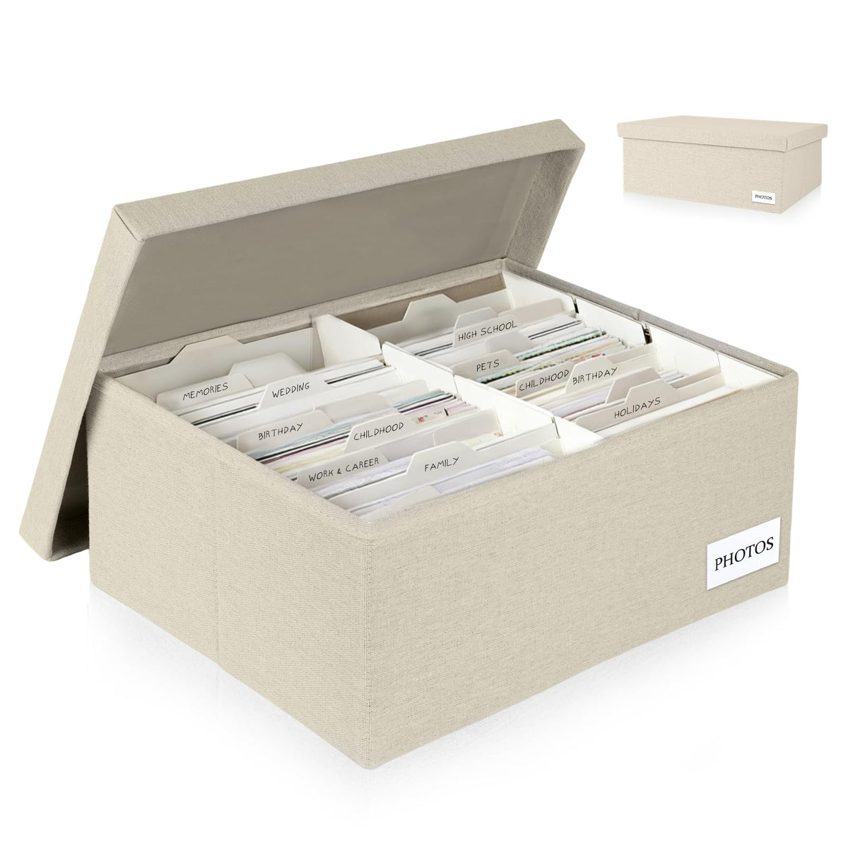 Himake decorative photo storage box with lid in beige keeps memories neatly protected and displayed.