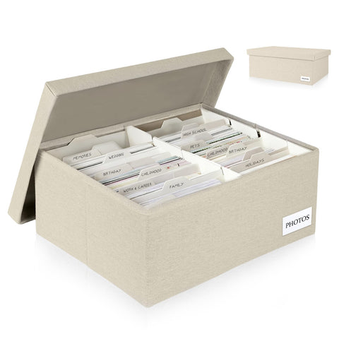Himake decorative photo storage box with lid in beige keeps memories neatly protected and displayed.