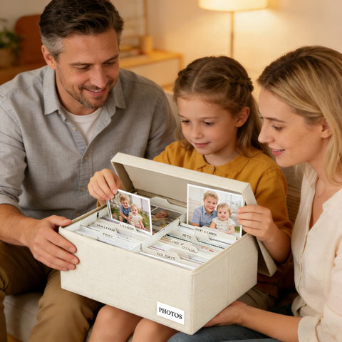 Himake linen photo box with 8 compartments for organized storage of photos.