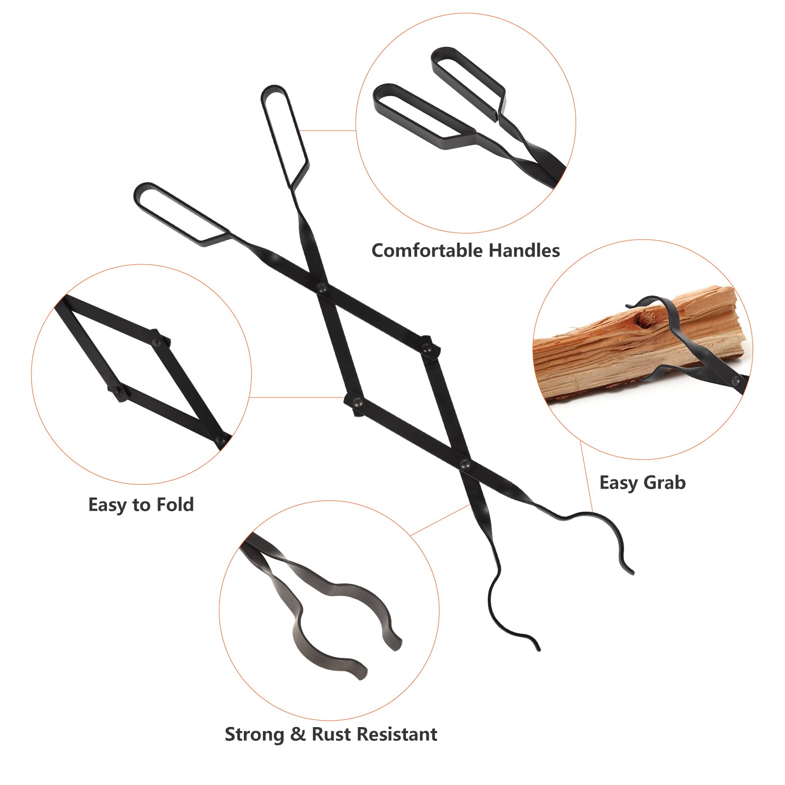 Himaly 26-inch fireplace tongs with strong grip for secure log repositioning.